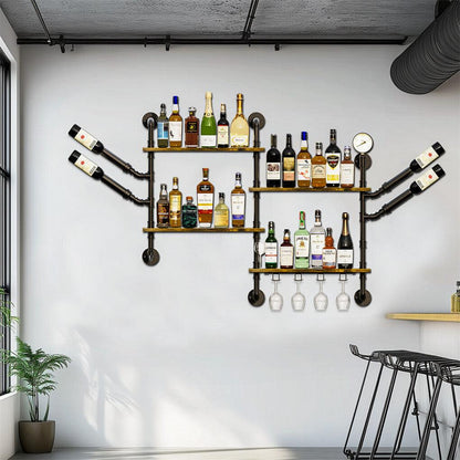 Industrial Pipe Bar Wall Liquor Shelf Floating Shelves with Wine Glass Holder.