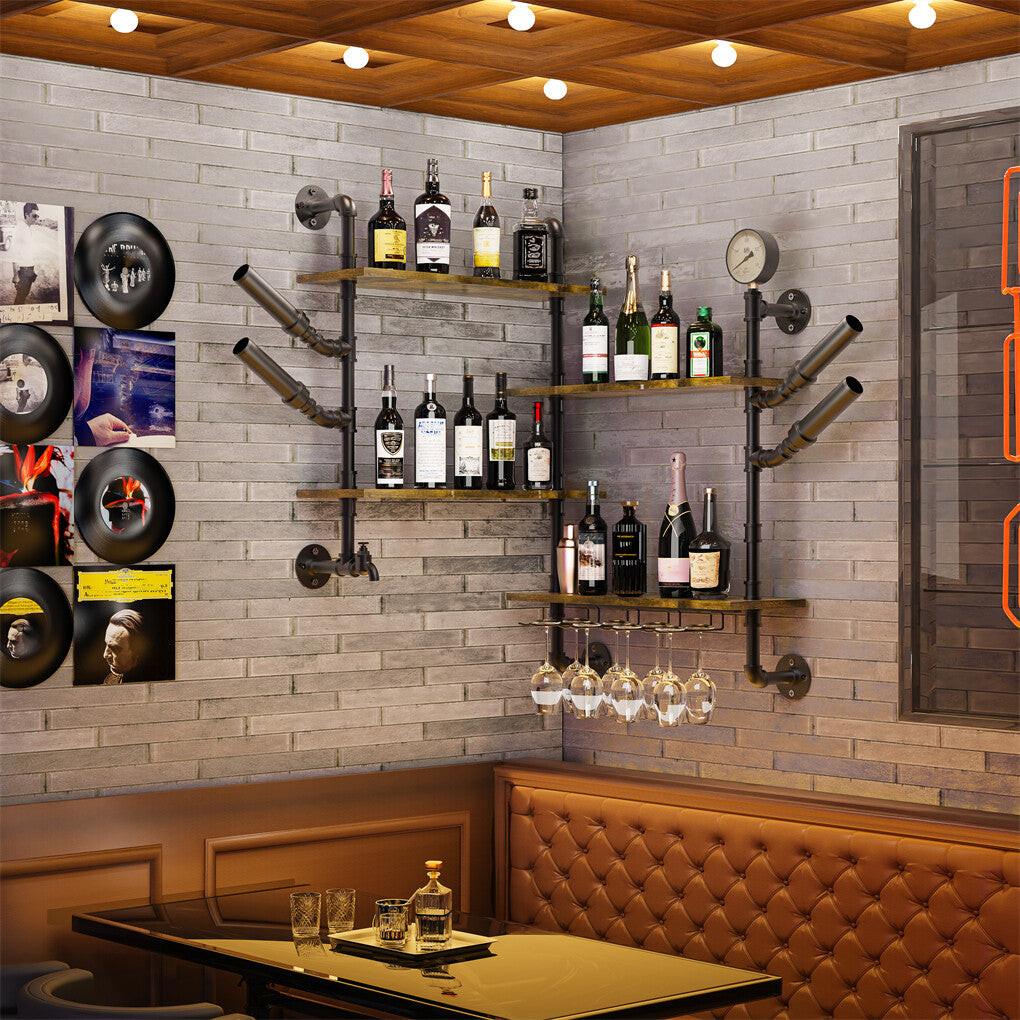 Industrial Pipe Bar Wall Liquor Shelf Floating Shelves with Wine Glass Holder.