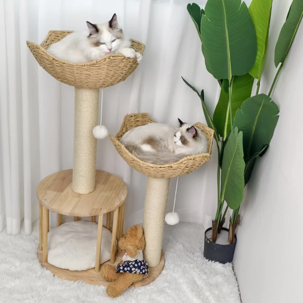 P&P Natural Wood White 3-Tier Cat Tower with Scratching Post, Condo and Plush Baskets
