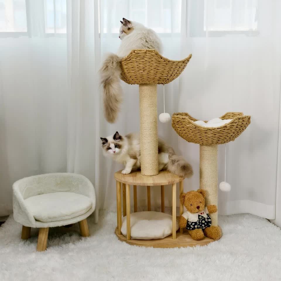 P&P Natural Wood White 3-Tier Cat Tower with Scratching Post, Condo and Plush Baskets