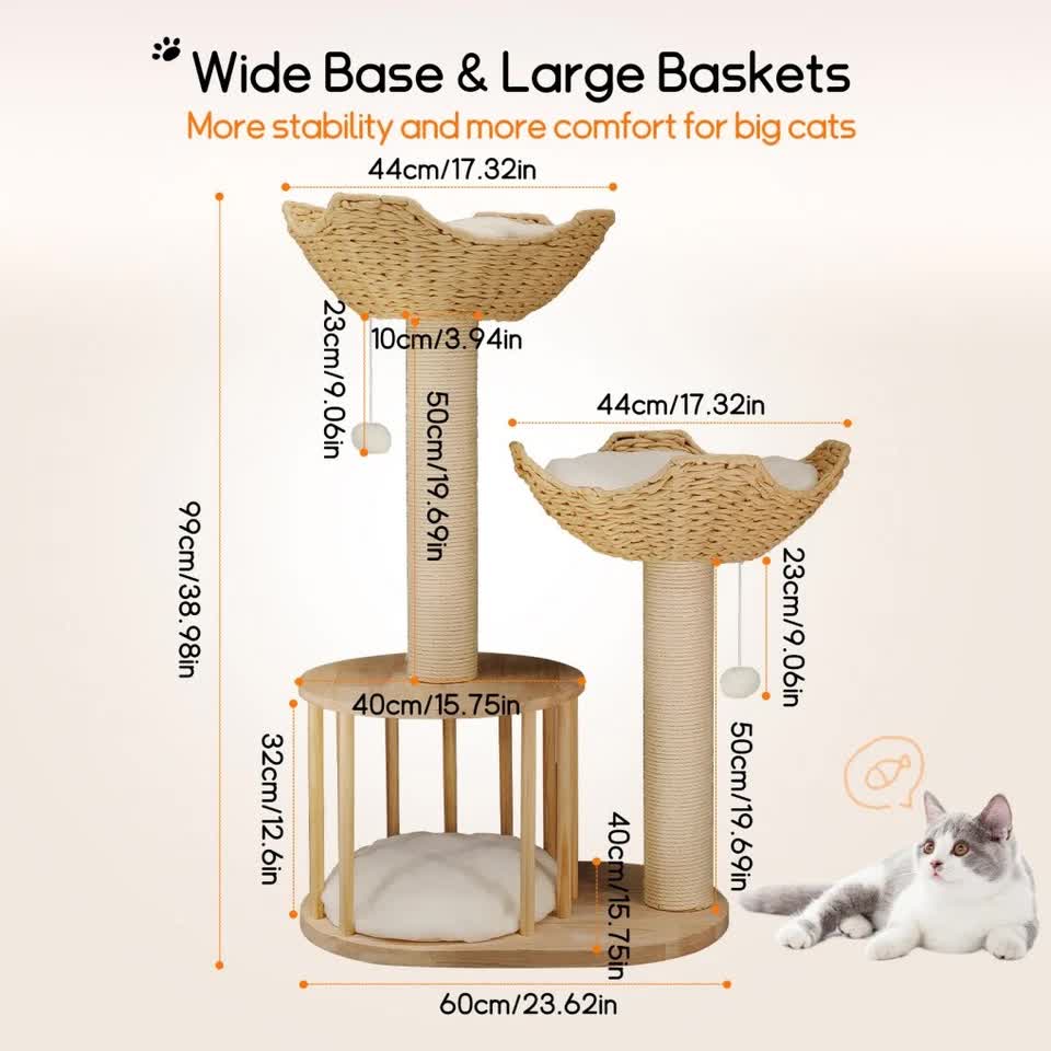 P&P Natural Wood White 3-Tier Cat Tower with Scratching Post, Condo and Plush Baskets