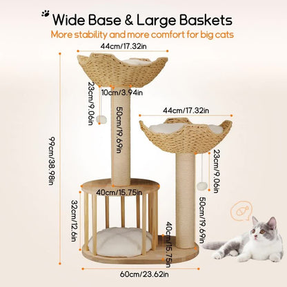 P&P Natural Wood White 3-Tier Cat Tower with Scratching Post, Condo and Plush Baskets