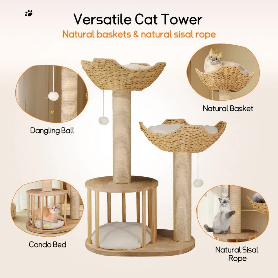 P&P Natural Wood White 3-Tier Cat Tower with Scratching Post, Condo and Plush Baskets