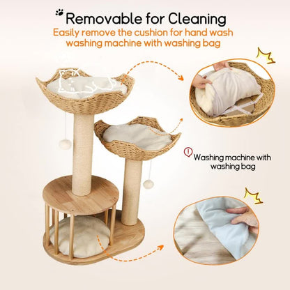 P&P Natural Wood White 3-Tier Cat Tower with Scratching Post, Condo and Plush Baskets