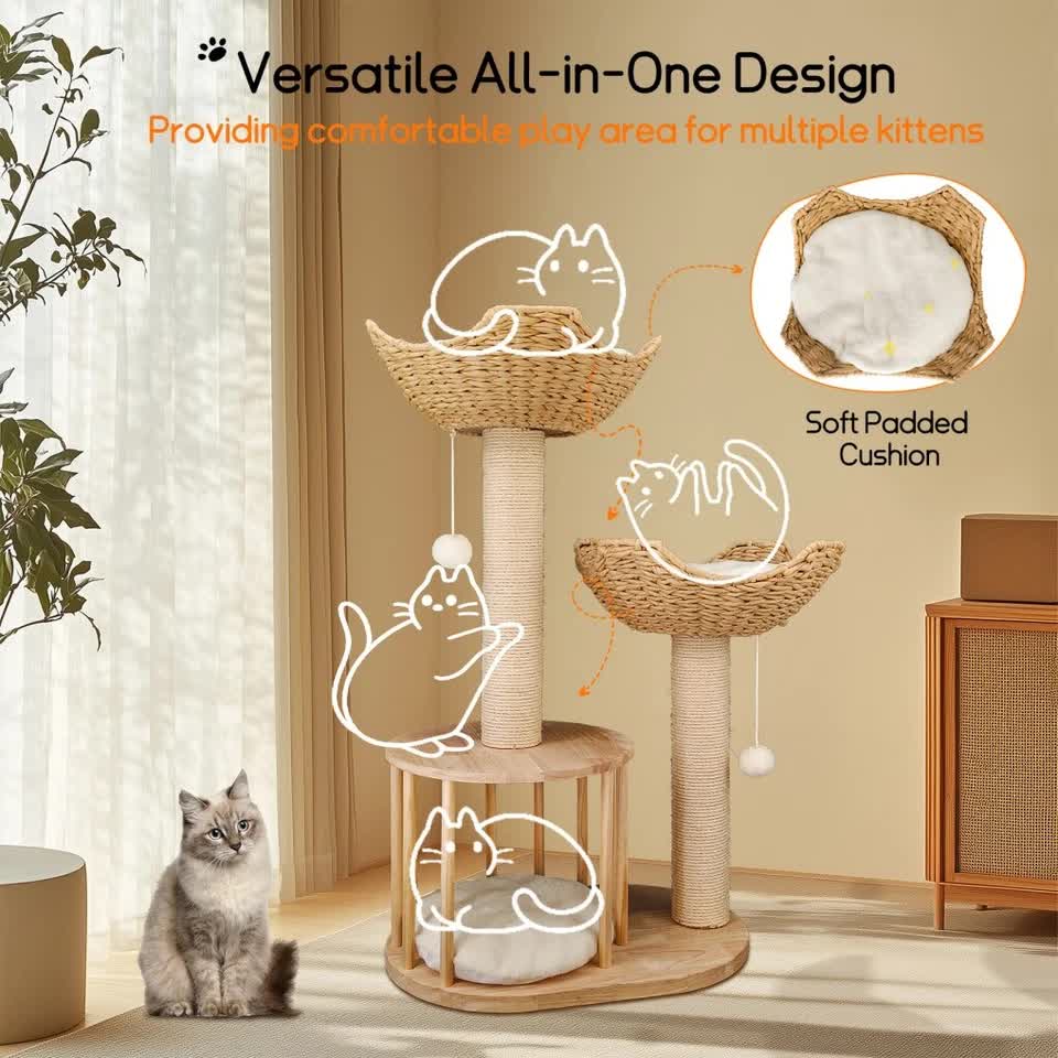 P&P Natural Wood White 3-Tier Cat Tower with Scratching Post, Condo and Plush Baskets