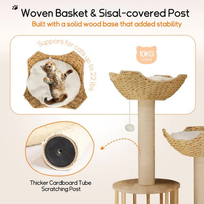 P&P Natural Wood White 3-Tier Cat Tower with Scratching Post, Condo and Plush Baskets