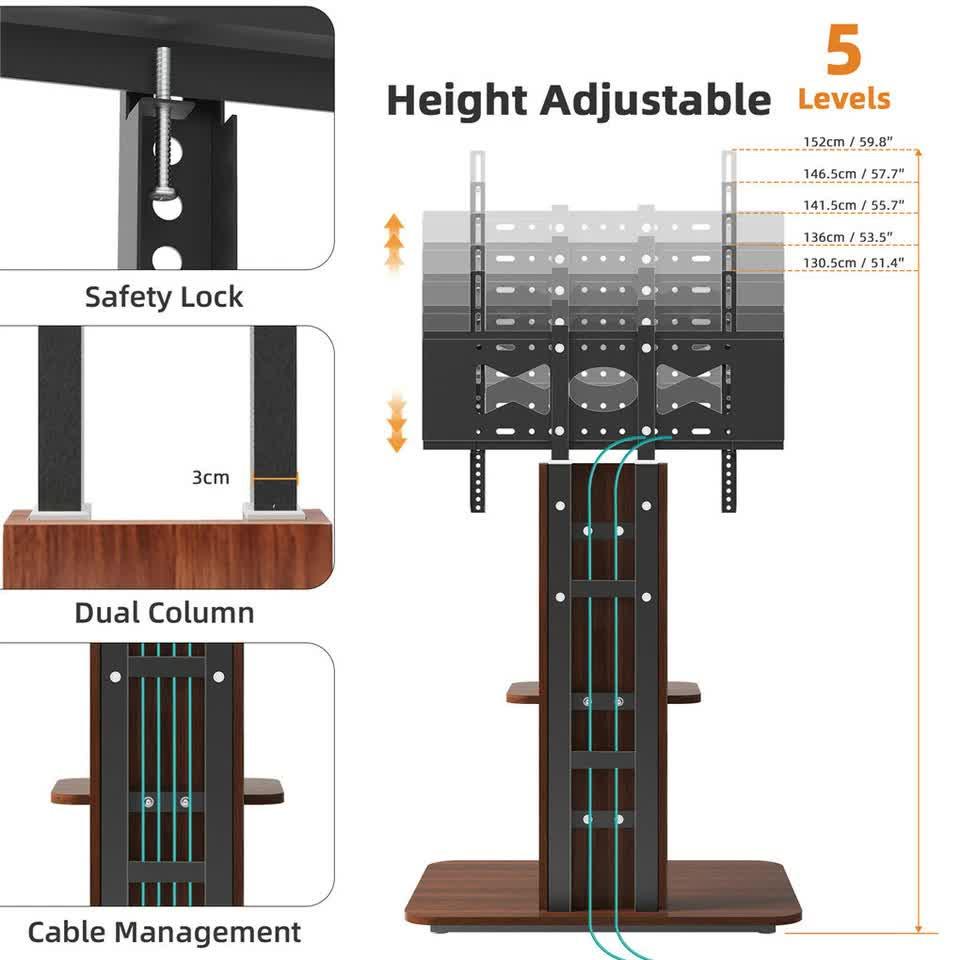 32"-65" Tv Floor Stand Adjustable Corner Tv Mount Bracket With Sturdy Wood Base.