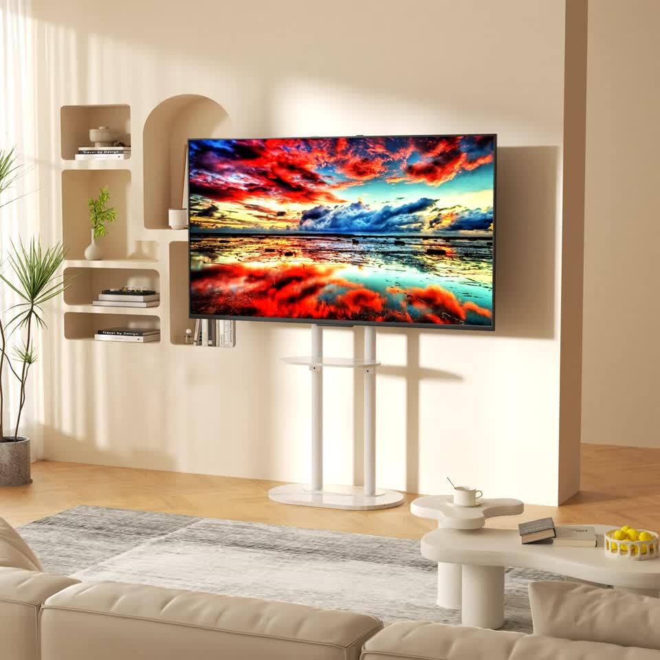 Minimalist Marble Textured Floor Tv Stand 32"-75" Strong Steel Tv Bracket Stable.