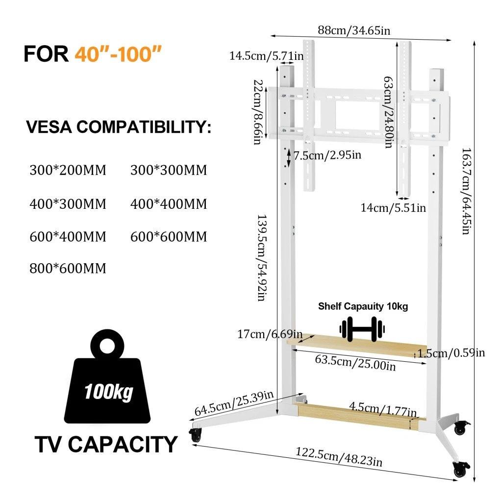 Height Adjustable Steel TV Stand on Wheels - Heavy Duty Mobile Floor Mount Cart for 40Ã¯Â¿Â½100 Inch TVs, 100kg Capacity.