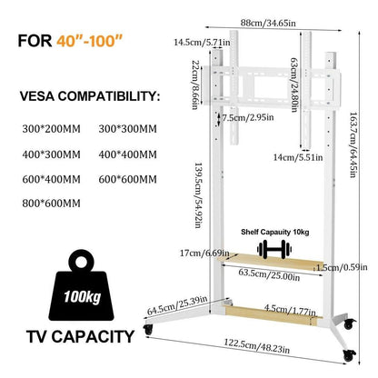 Height Adjustable Steel TV Stand on Wheels - Heavy Duty Mobile Floor Mount Cart for 40Ã¯Â¿Â½100 Inch TVs, 100kg Capacity.