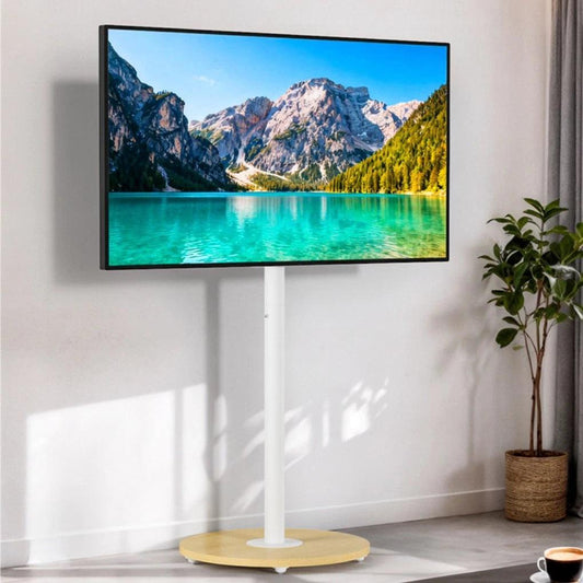 40-75 Inches Rolling TV Floor Stand Heavy Duty Steel TV Cart Mount with Hidden Wheels, Height Adjustable Free-Standing TV Bracket with Wooden Base for Flat Screen TVs.