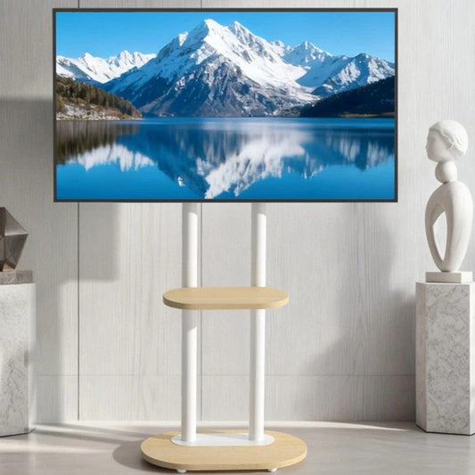 40-75 Inches Heavy Duty Mobile TV Floor Stand with Wooden Shelf, Height Adjustable Rolling TV Mount for Flat Screen, Free-Standing Steel TV Bracket with Wheels.