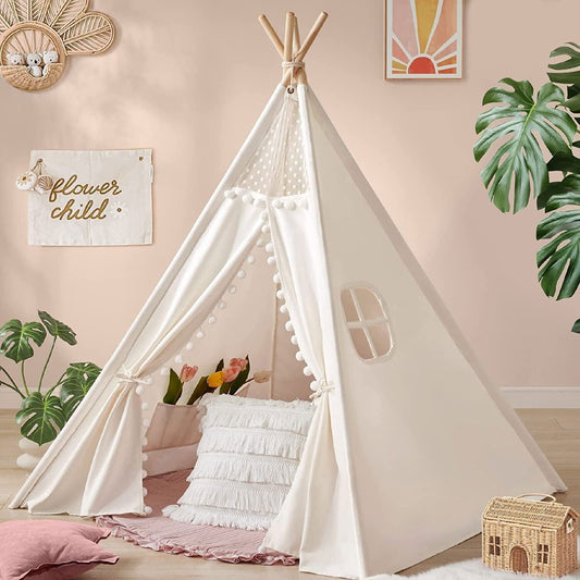 Xxl Kids Play Teepee Tent Indoor Boho Tent Foldable Tipi With Window/Pompom/Mat.