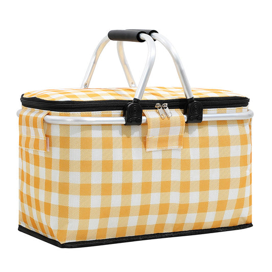 Insulated Picnic Basket with Aluminum Frame - Portable Collapsible Cooler Bag 18L 40*20*23cm(Yellow plaid).