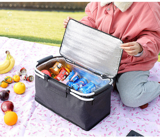 Insulated Picnic Basket with Aluminum Frame - Portable Collapsible Cooler Bag 18L 40*20*23cm(Yellow plaid).