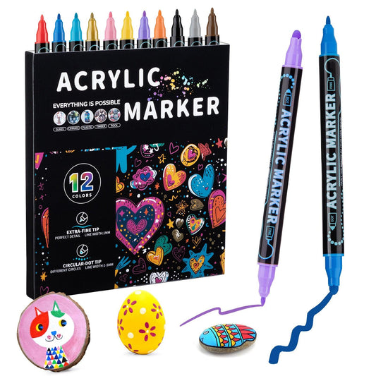 Dual-Tip Acrylic Marker Set - 1-5mm Round Tip & 1mm Fine Tip for Art and Craft Projects 12 colors.