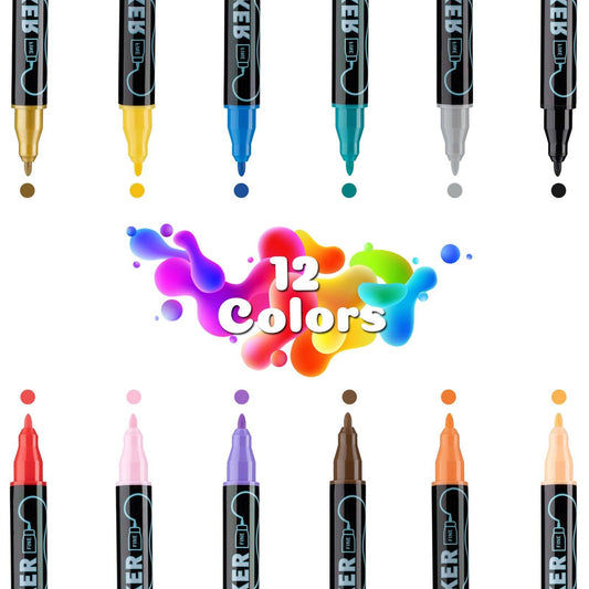 Dual-Tip Acrylic Marker Set - 1-5mm Round Tip & 1mm Fine Tip for Art and Craft Projects 12 colors.