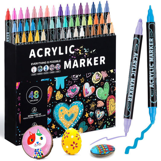 Dual-Tip Acrylic Marker Set - 1-5mm Round Tip & 1mm Fine Tip for Art and Craft Projects 48 colors.