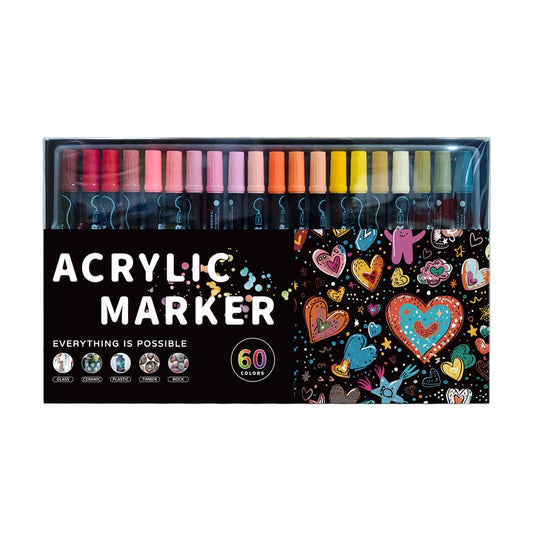 Dual-Tip Acrylic Marker Set - 1-5mm Round Tip & 1mm Fine Tip for Art and Craft Projects 60 colors.