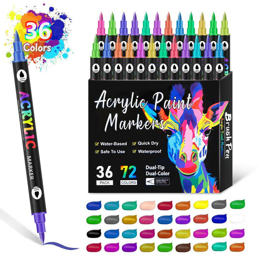 36-Pack Dual-Tip Acrylic Paint Markers - 72 Vibrant Colors, Waterproof & Quick-Dry for Art Projects.