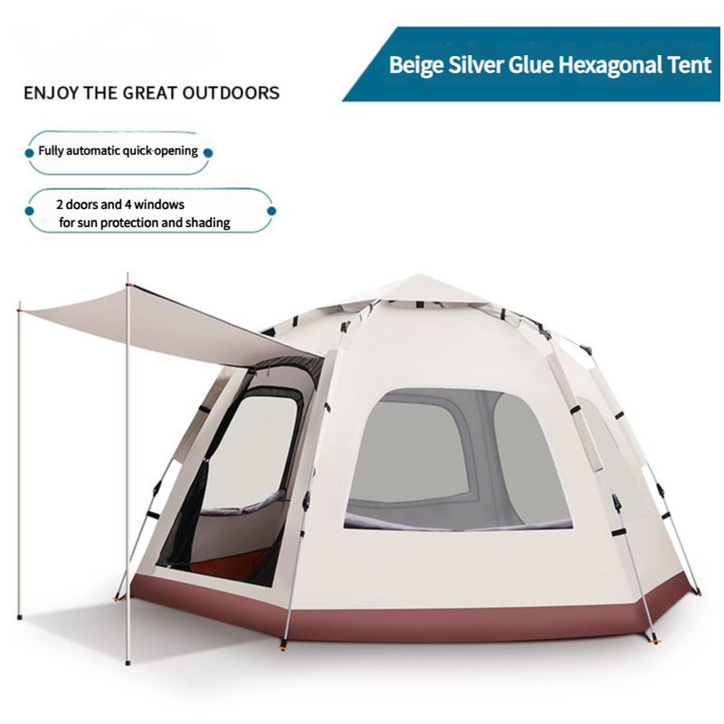 5-8 Person Hexagonal Camping Tent | Double-Layer Silver Coated Waterproof Shelter with Awning (280*280*158cm).