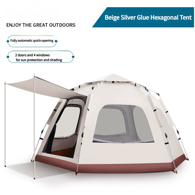 5-8 Person Hexagonal Camping Tent | Double-Layer Silver Coated Waterproof Shelter with Awning (280*280*158cm). Hover Image