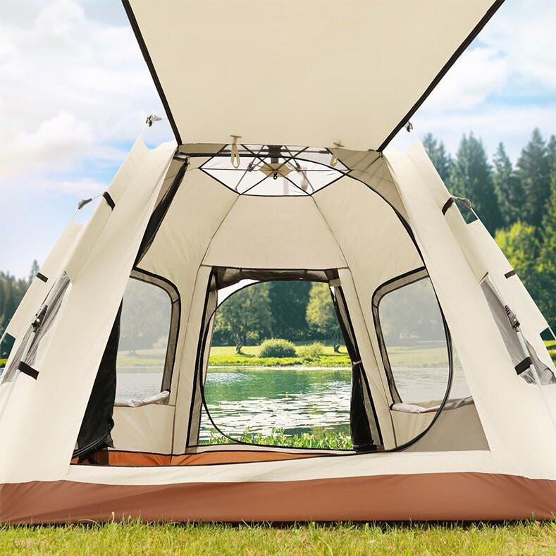 5-8 Person Hexagonal Camping Tent | Double-Layer Silver Coated Waterproof Shelter with Awning (280*280*158cm).