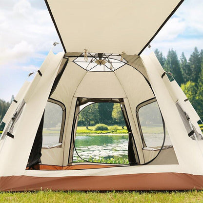 5-8 Person Hexagonal Camping Tent | Double-Layer Silver Coated Waterproof Shelter with Awning (280*280*158cm).