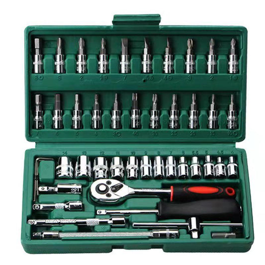 46-Piece Professional Socket Wrench Set - 1/4 Drive, Chrome Vanadium Steel, Ratchet & Bit Kit for Automotive and Household Repairs Green Box.