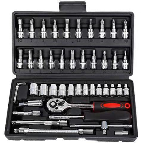 46-Piece Professional Socket Wrench Set - 1/4 Drive, Chrome Vanadium Steel, Ratchet & Bit Kit for Automotive and Household Repairs Black Box.
