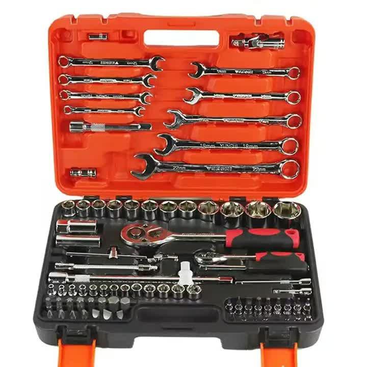 82-Piece Professional Automotive Repair Tool Set - 1/2 & 1/4 Drive Ratchets, Sockets, and Wrenches for Engine, Tire, and Spark Plug Maintenance.