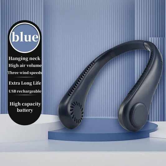 2PCS Blue Leafless Hanging Neck Fan - Rechargeable Portable Hands-Free Cooling Fan with 3 Speeds.