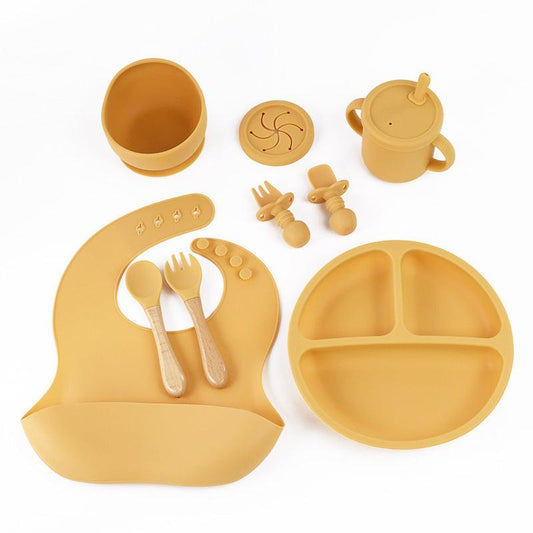 Yellow 8-Piece Silicone Children's Tableware Set - BPA-Free Baby Feeding Utensils with Wooden Fork and Spoon, Cup, Bowl, and Bibs.