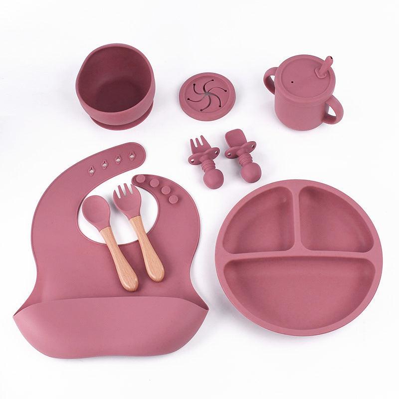 Rose Red 8-Piece Silicone Children's Tableware Set - BPA-Free Baby Feeding Utensils with Wooden Fork and Spoon, Cup, Bowl, and Bibs.
