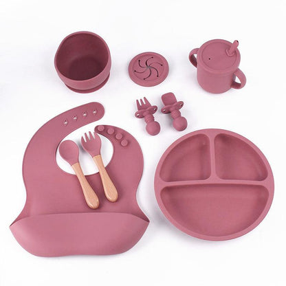 Rose Red 8-Piece Silicone Children's Tableware Set - BPA-Free Baby Feeding Utensils with Wooden Fork and Spoon, Cup, Bowl, and Bibs.