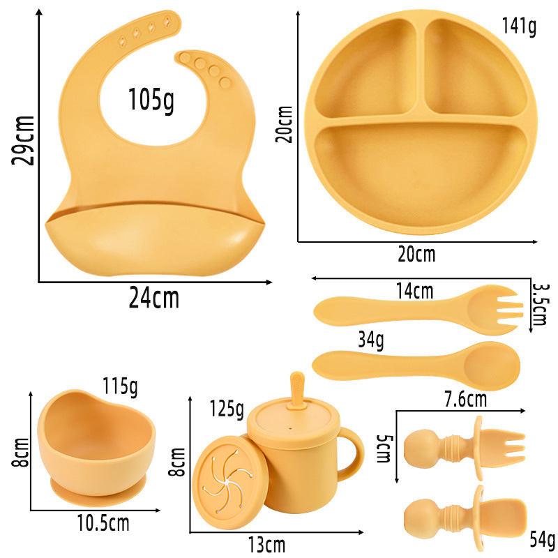 Rose Red 8-Piece Silicone Children's Tableware Set - BPA-Free Baby Feeding Utensils with Wooden Fork and Spoon, Cup, Bowl, and Bibs.