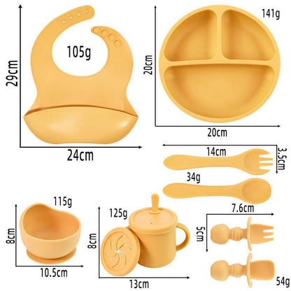 Rose Red 8-Piece Silicone Children's Tableware Set - BPA-Free Baby Feeding Utensils with Wooden Fork and Spoon, Cup, Bowl, and Bibs.