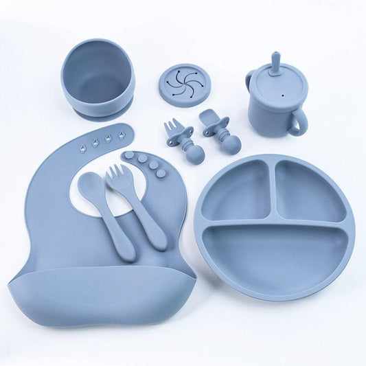 Blue 8-Piece Silicone Children's Tableware Set - BPA-Free Baby Feeding Utensils with Fork, Spoon, Cup, Bowl, and Bibs.