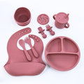 Rose Red 8-Piece Silicone Children's Tableware Set - BPA-Free Baby Feeding Utensils with Fork, Spoon, Cup, Bowl, and Bibs.