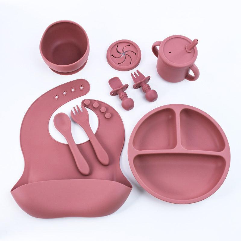 Rose Red 8-Piece Silicone Children's Tableware Set - BPA-Free Baby Feeding Utensils with Fork, Spoon, Cup, Bowl, and Bibs.