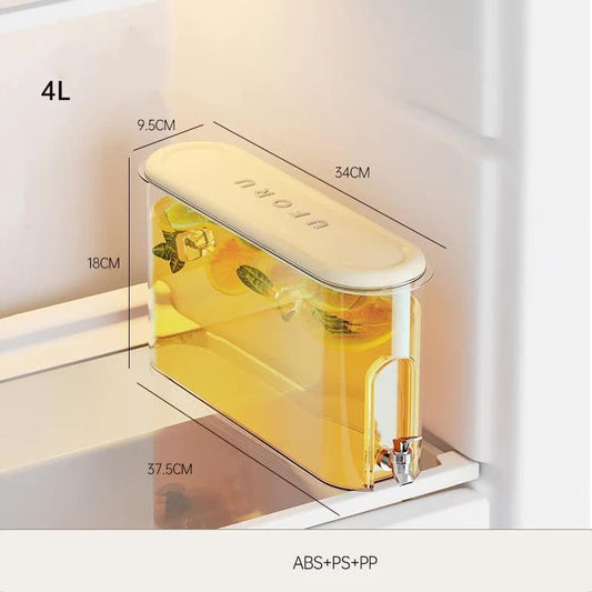 Cream White Refrigerator Cold Water Jug with Tap - 4L Large Capacity Sealed Beverage Dispenser for Juice and Water.