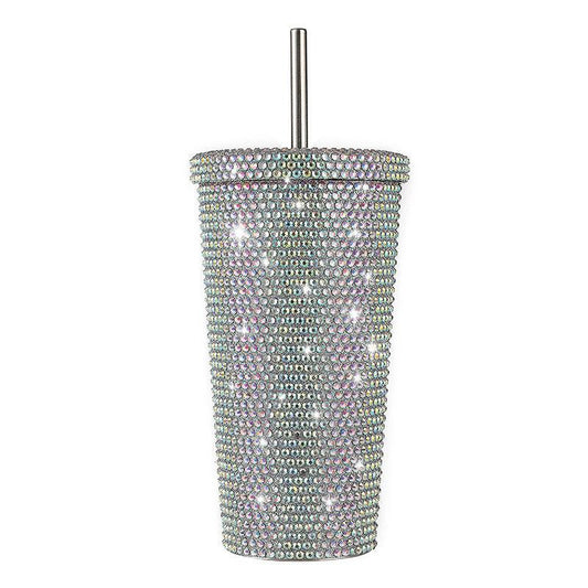 Diamond-Inlaid Insulated 304 Stainless Steel Cup with Straw - Double-Walled, Rhinestone Coffee Mug, Gift Cup for Beverages.