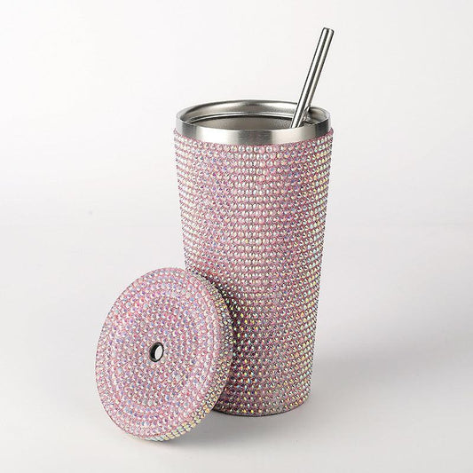 Diamond-Inlaid Insulated 304 Stainless Steel Cup with Straw - Double-Walled, Rhinestone Coffee Mug, Gift Cup for Beverages.