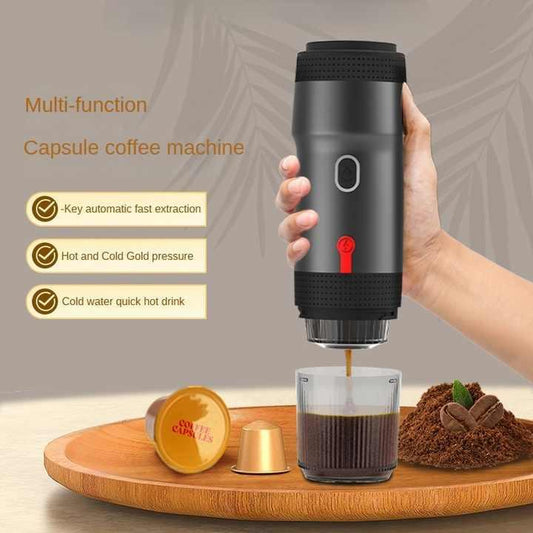 Black Portable Fully Automatic Espresso Coffee Machine - Universal 3-in-1 Capsule, Coffee Powder & Espresso Maker.