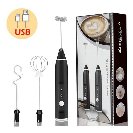 Black 304 Stainless Steel 3-Speed Handheld Electric Milk Frother, Egg Beater, Paint Mixer, and Milk Powder Blender.