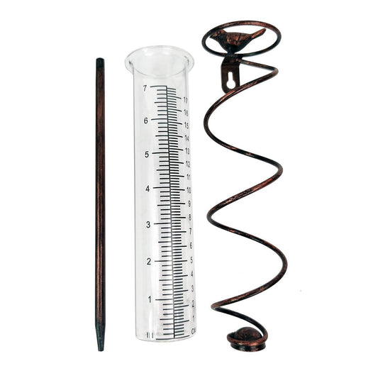 Decorative Garden Rain Gauge â Glass Rain Meter with Metal Stake and Bird Design.