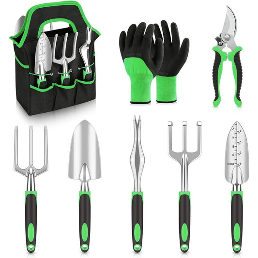 Green 8-Piece Heavy-Duty Gardening Tool Set with Ergonomic Handles and Storage Bag.