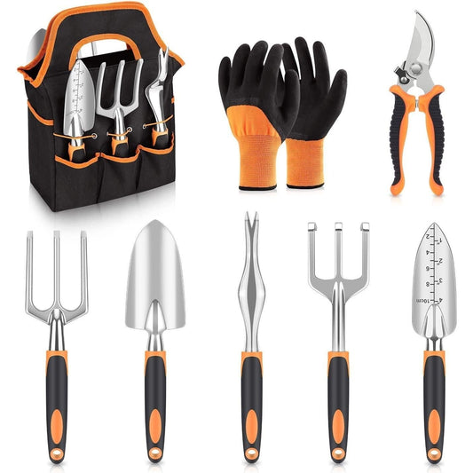 Orange 8-Piece Heavy-Duty Gardening Tool Set with Ergonomic Handles and Storage Bag.