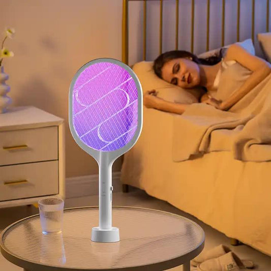 White Rechargeable Electric Mosquito Racket - 2-in-1 Mosquito Killer with Lithium Battery, Fly Swatter & Mosquito Zapper for Home Use.
