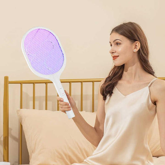 White Rechargeable Electric Mosquito Racket - 2-in-1 Mosquito Killer with Lithium Battery, Fly Swatter & Mosquito Zapper for Home Use.